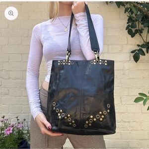 Hobo International Black Leather Bronze Stud & Rivet Double Strap Shoulder Bag